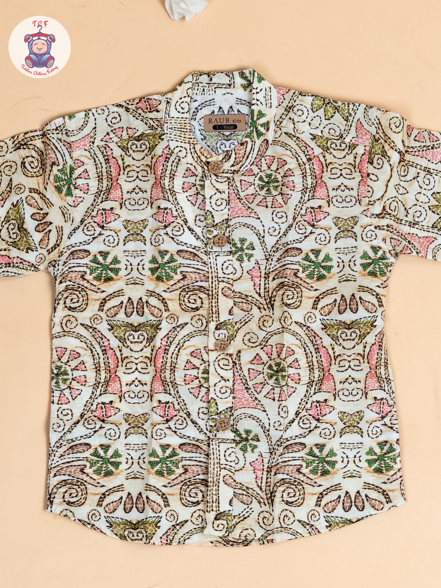 Beige - Boys Floral Printed S Cotton Shirt