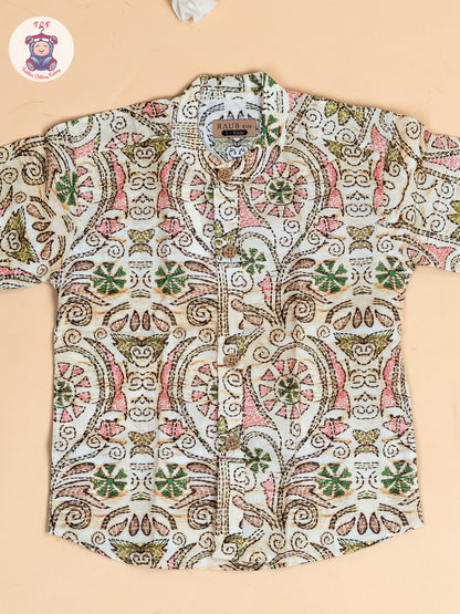 Beige - Boys Floral Printed S Cotton Shirt