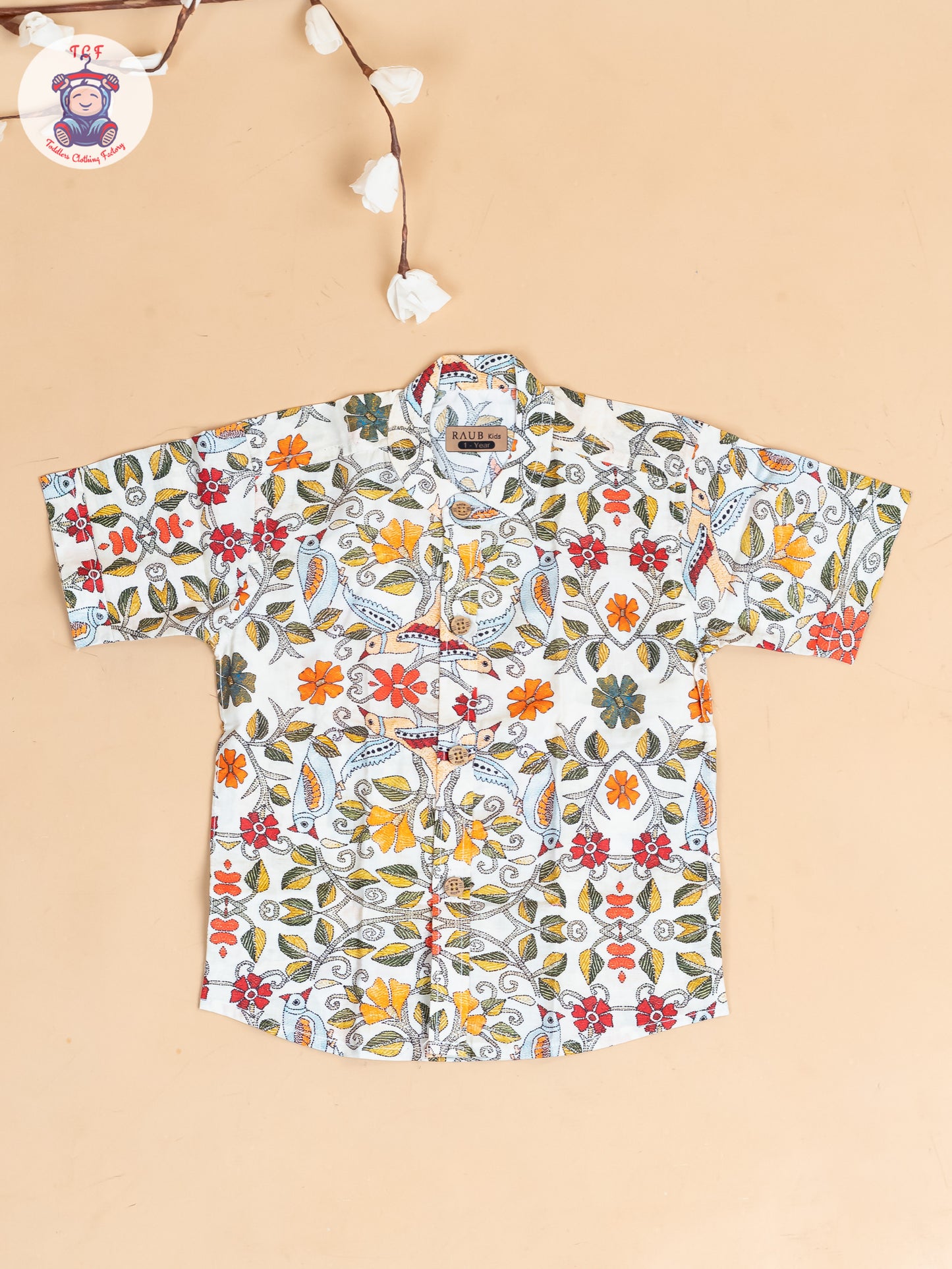 Beige - Boys Floral Printed  Cotton Shirt