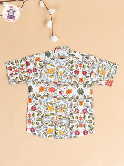 Beige - Boys Floral Printed  Cotton Shirt