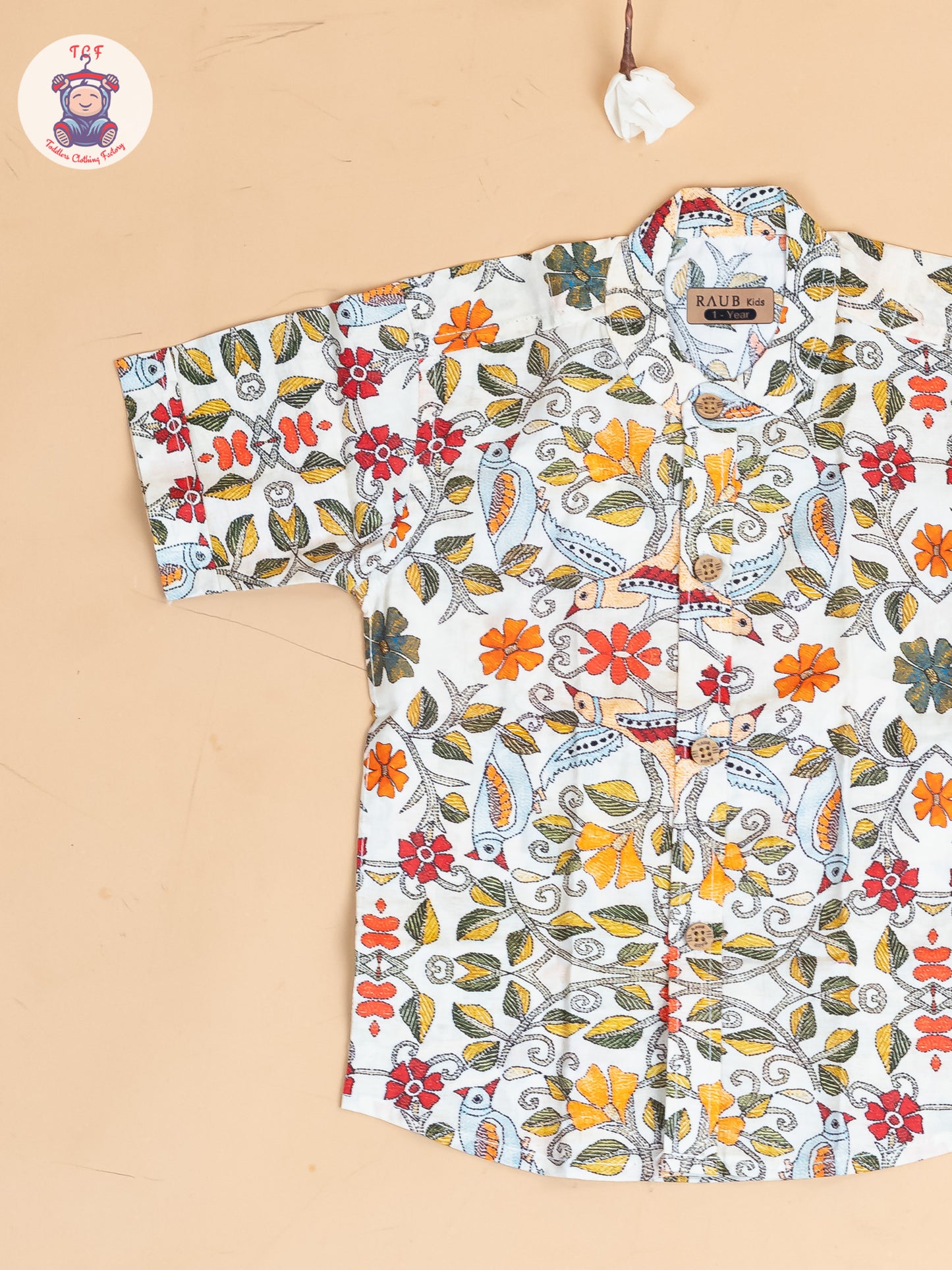 Beige - Boys Floral Printed  Cotton Shirt