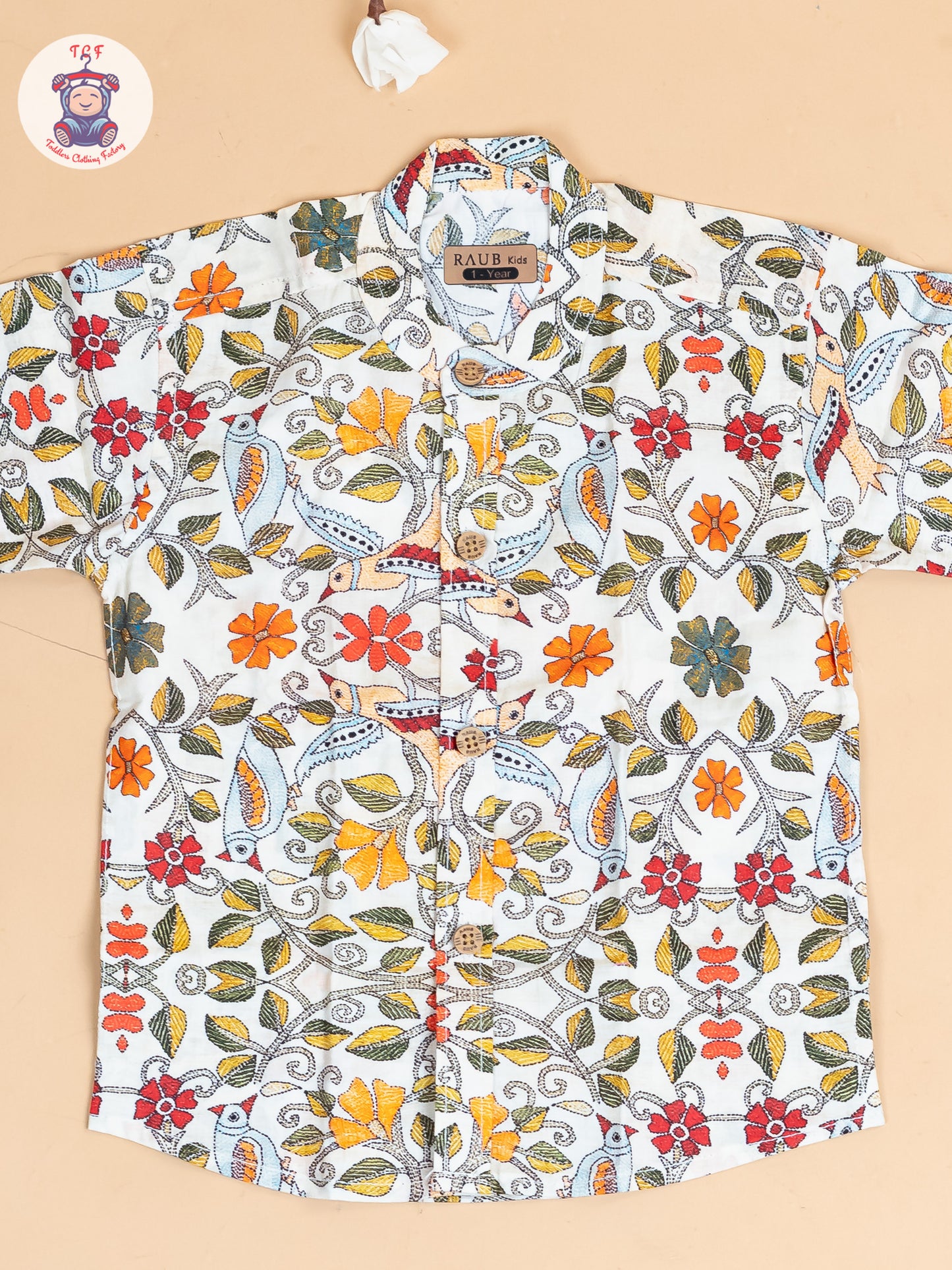 Beige - Boys Floral Printed  Cotton Shirt
