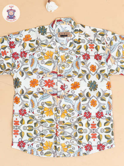 Beige - Boys Floral Printed  Cotton Shirt