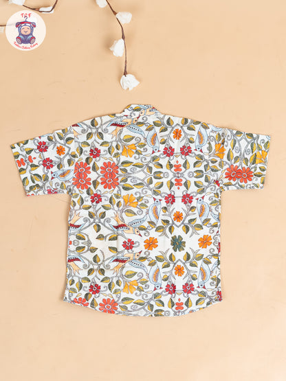 Beige - Boys Floral Printed  Cotton Shirt