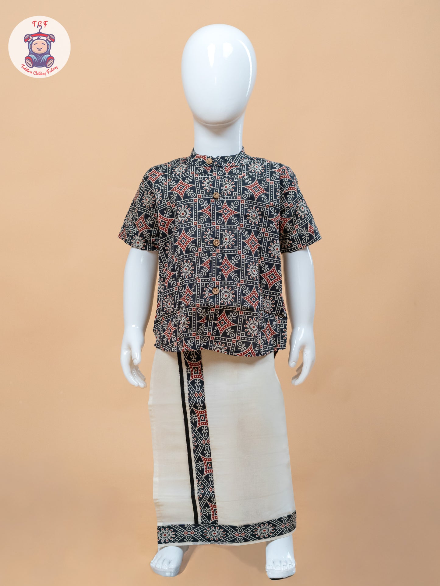 Dark Grey & Cream - Boys Welcro Dhotis & Shirts