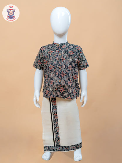 Dark Grey & Cream - Boys Welcro Dhotis & Shirts