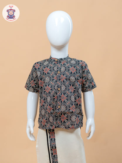 Dark Grey & Cream - Boys Welcro Dhotis & Shirts