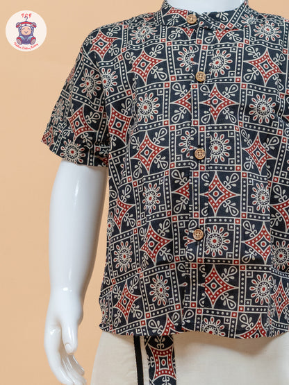 Dark Grey & Cream - Boys Welcro Dhotis & Shirts