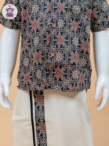 Dark Grey & Cream - Boys Welcro Dhotis & Shirts