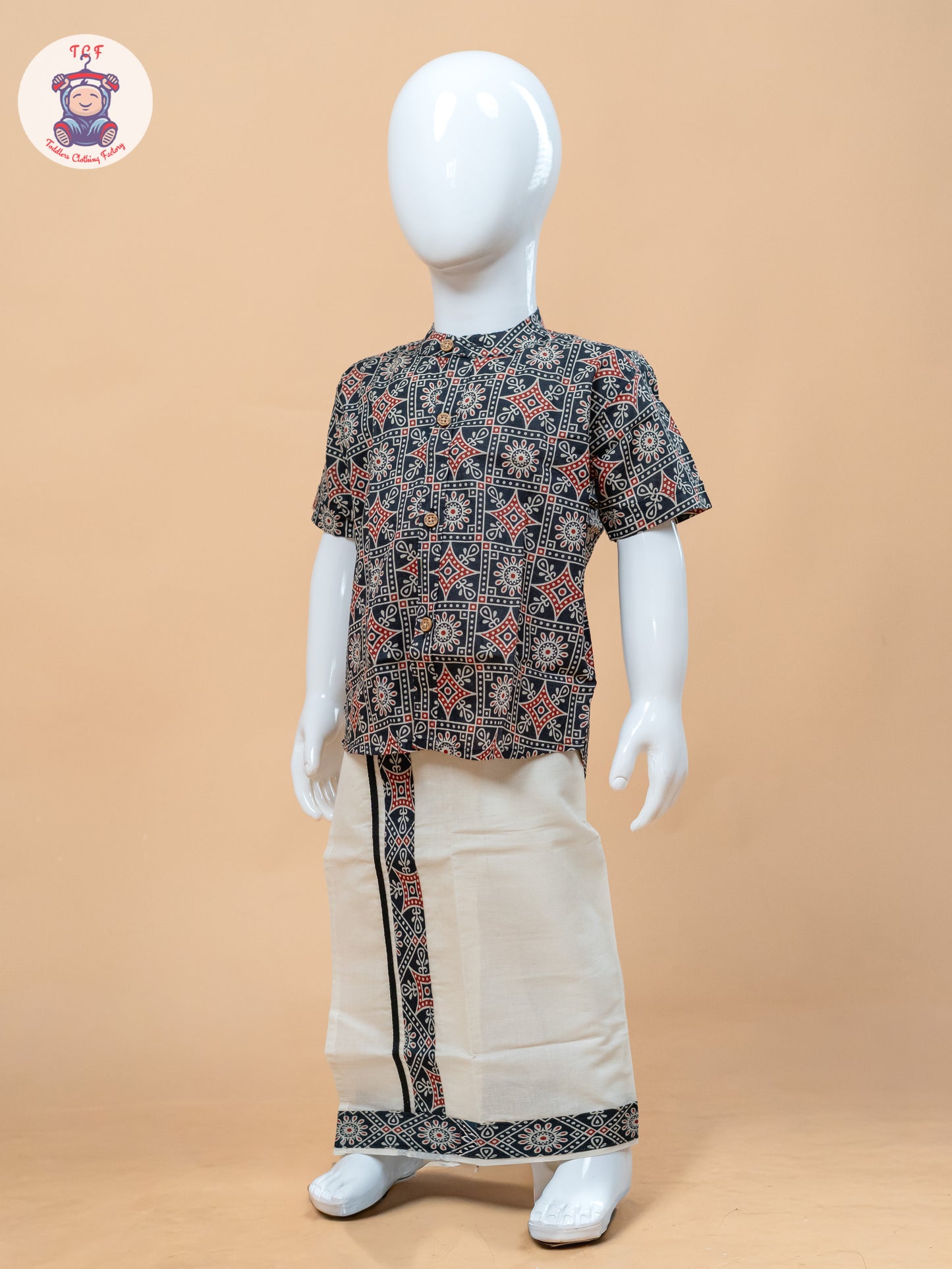 Dark Grey & Cream - Boys Welcro Dhotis & Shirts