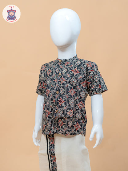 Dark Grey & Cream - Boys Welcro Dhotis & Shirts