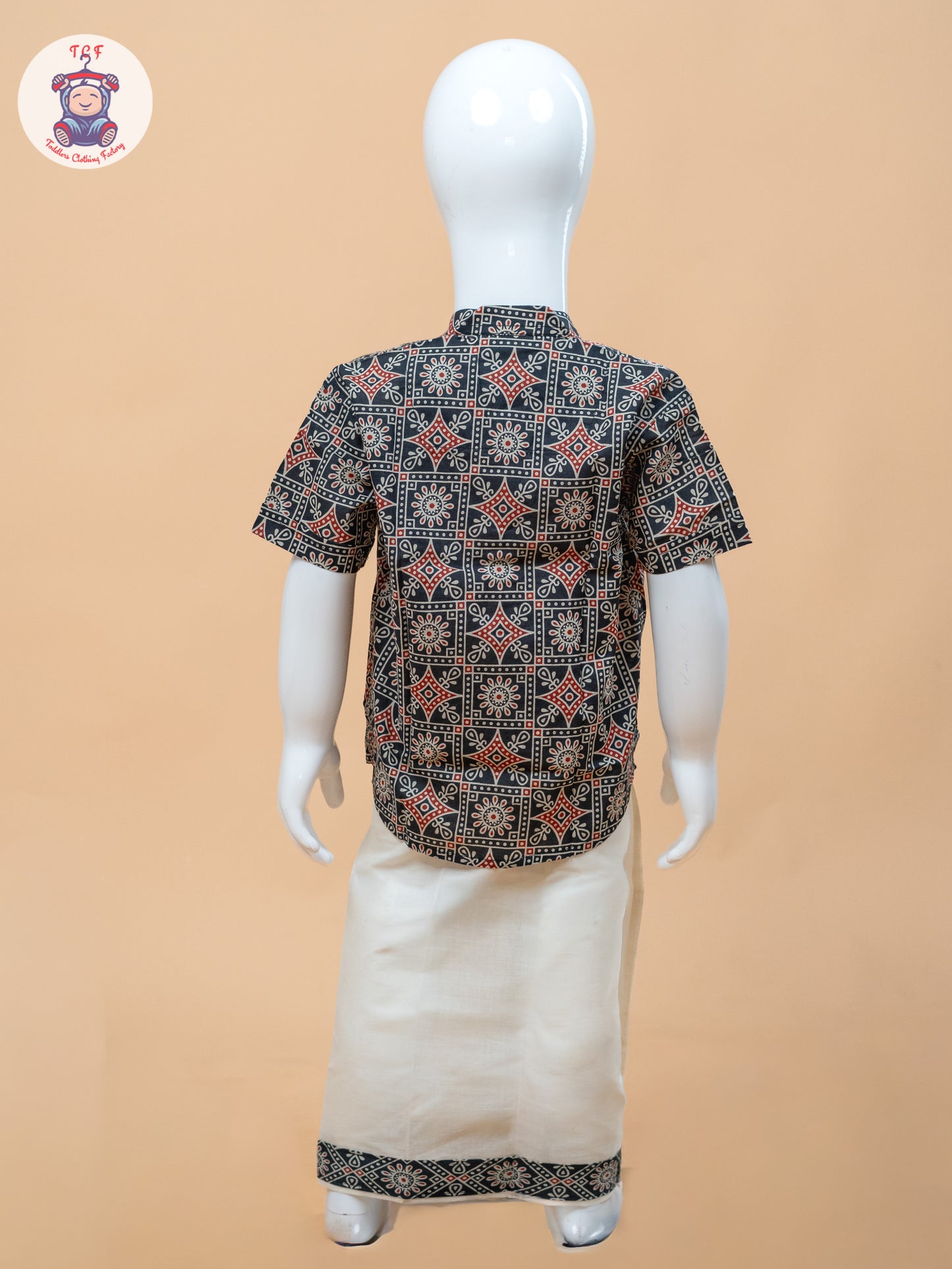 Dark Grey & Cream - Boys Welcro Dhotis & Shirts