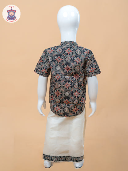 Dark Grey & Cream - Boys Welcro Dhotis & Shirts