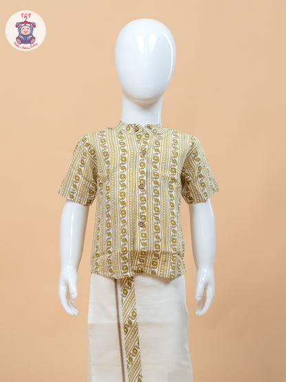 Yellow & Cream - Boys Welcro Dhotis & Shirts