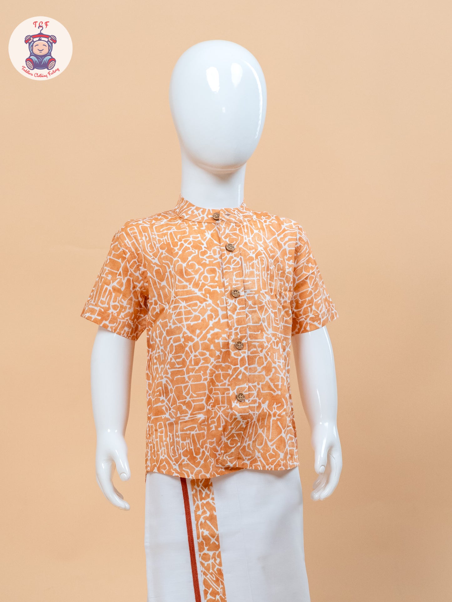 Orange & White - Boys Welcro Dhotis & Shirts