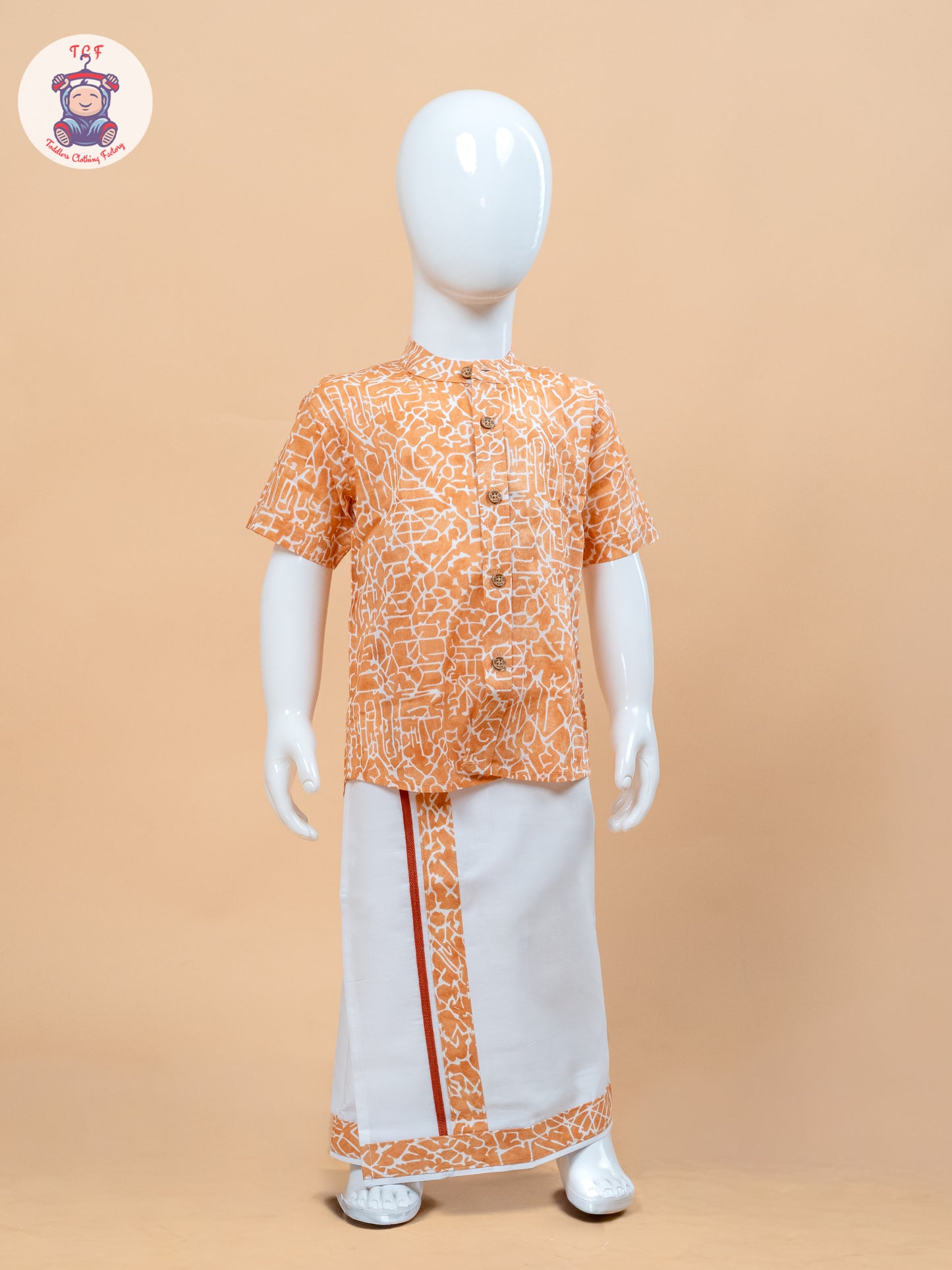 Orange & White - Boys Welcro Dhotis & Shirts