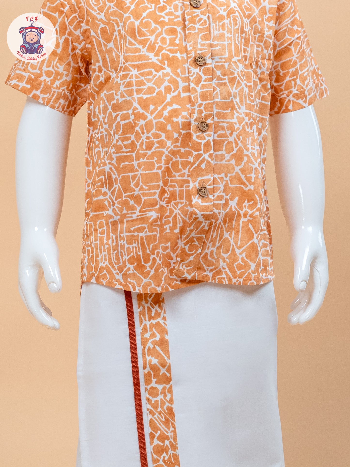 Orange & White - Boys Welcro Dhotis & Shirts
