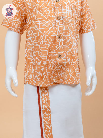 Orange & White - Boys Welcro Dhotis & Shirts