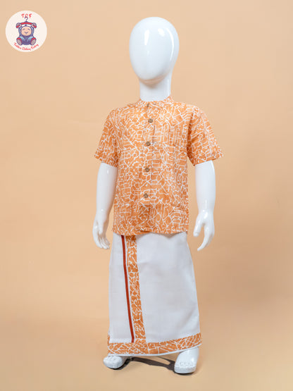 Orange & White - Boys Welcro Dhotis & Shirts
