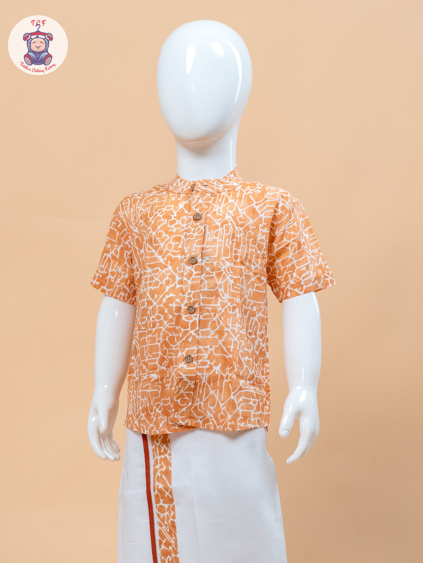 Orange & White - Boys Welcro Dhotis & Shirts