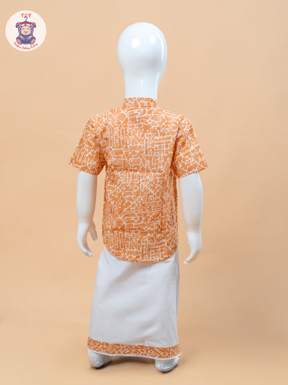 Orange & White - Boys Welcro Dhotis & Shirts