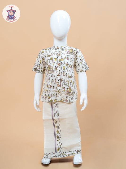Beige & Cream - Boys Welcro Dhotis & Shirts