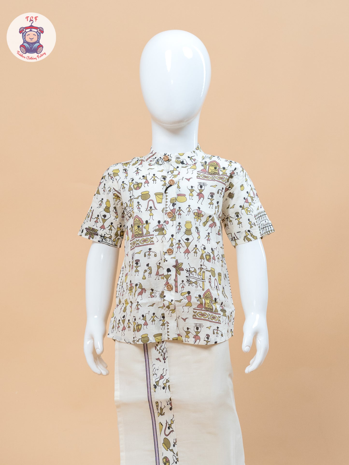 Beige & Cream - Boys Welcro Dhotis & Shirts