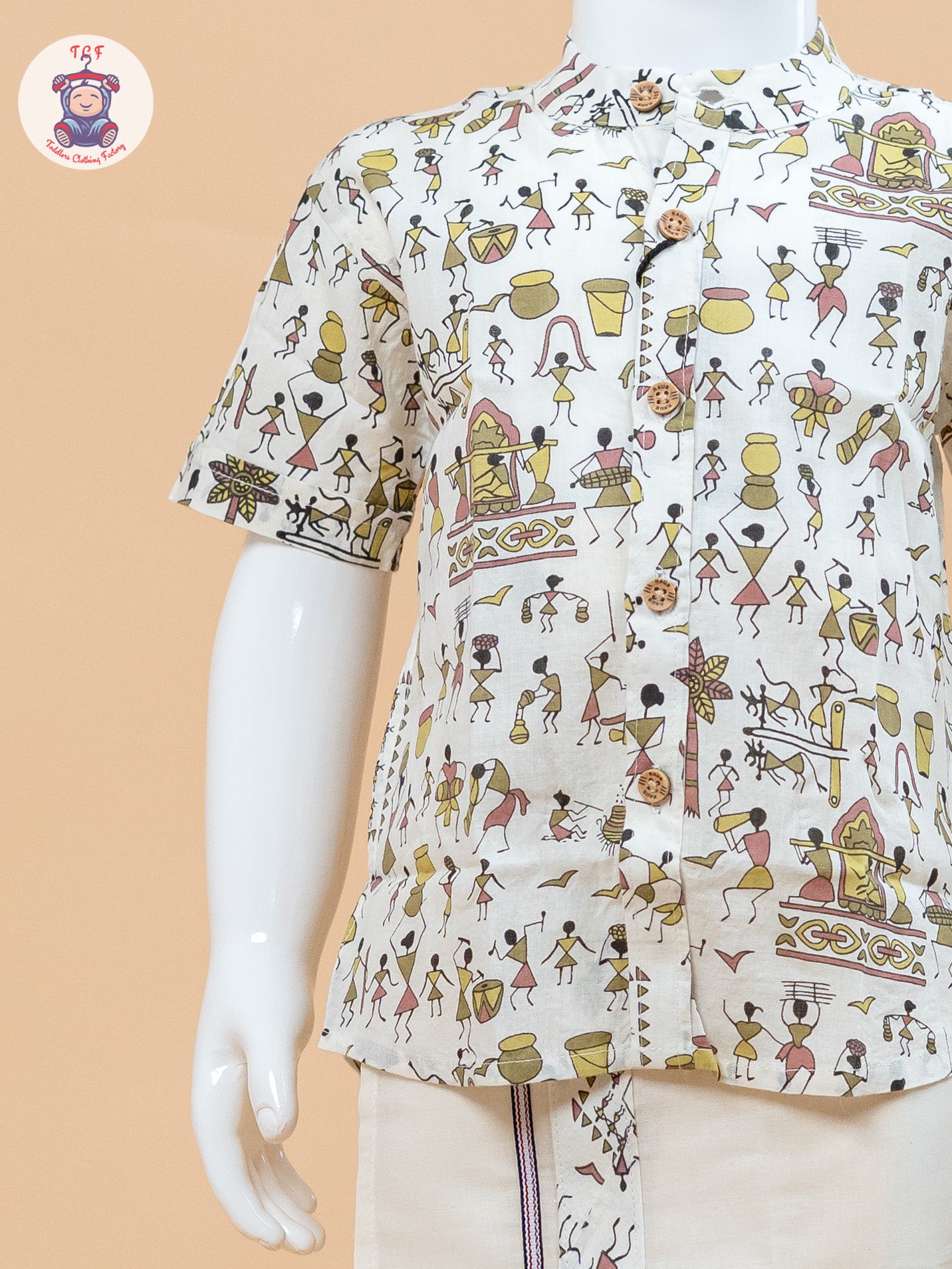 Beige & Cream - Boys Welcro Dhotis & Shirts