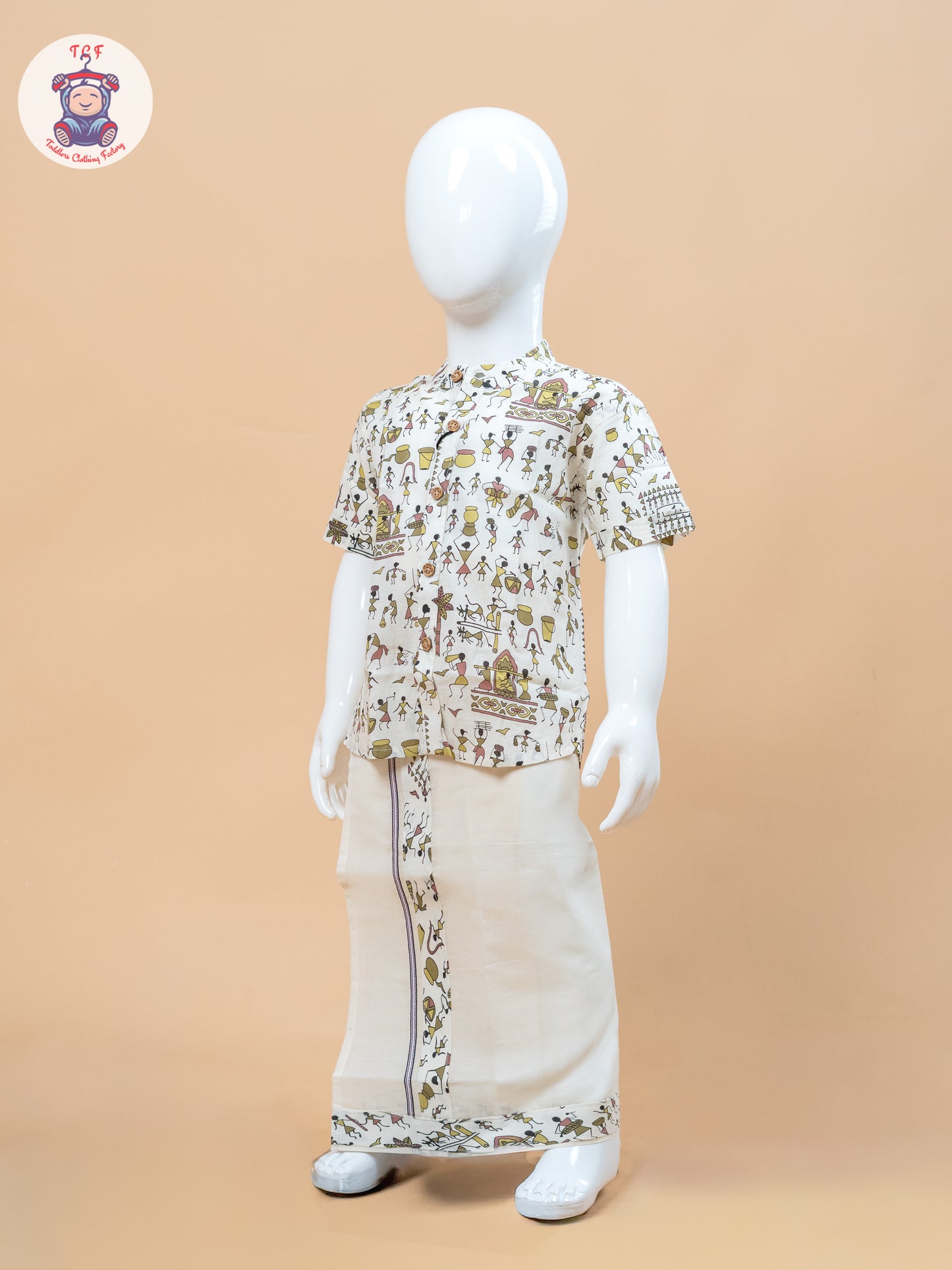 Beige & Cream - Boys Welcro Dhotis & Shirts