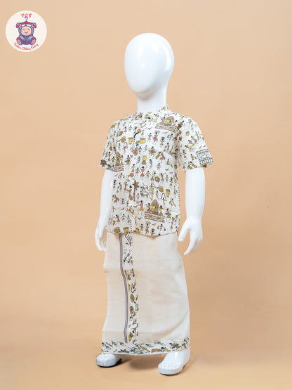 Beige & Cream - Boys Welcro Dhotis & Shirts