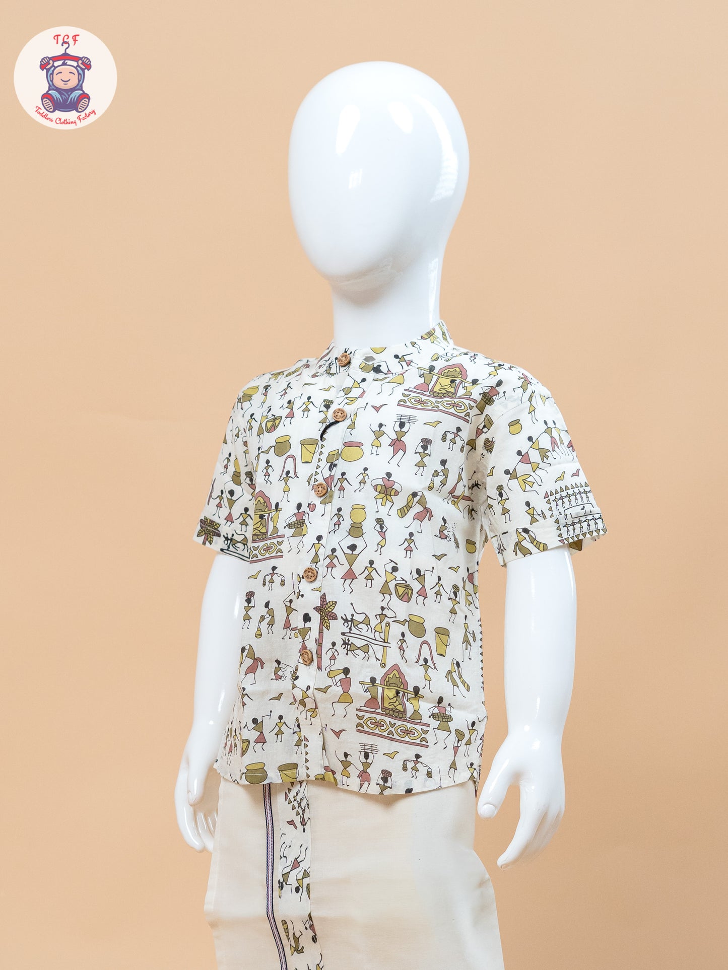 Beige & Cream - Boys Welcro Dhotis & Shirts