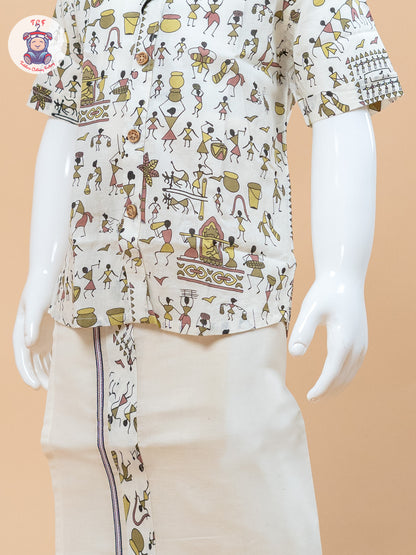 Beige & Cream - Boys Welcro Dhotis & Shirts
