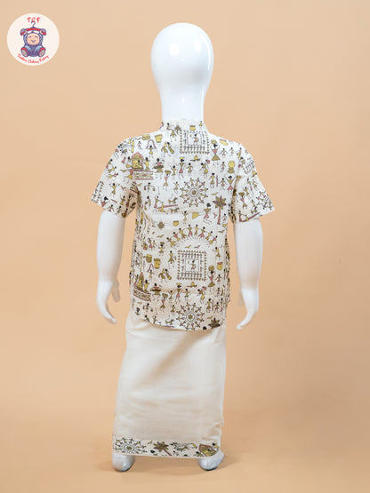 Beige & Cream - Boys Welcro Dhotis & Shirts