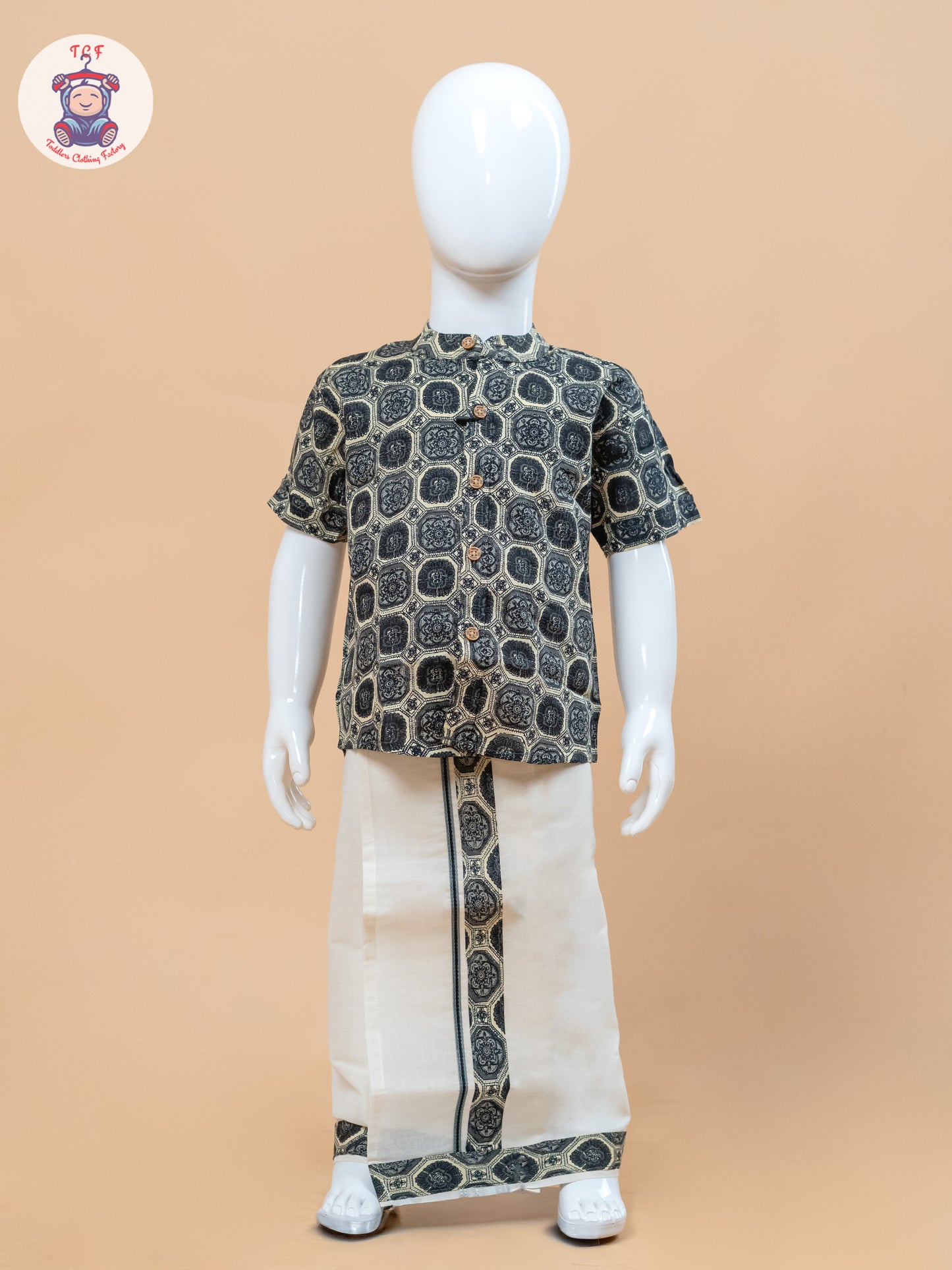 Grey & Cream - Boys Welcro Dhotis & Shirts