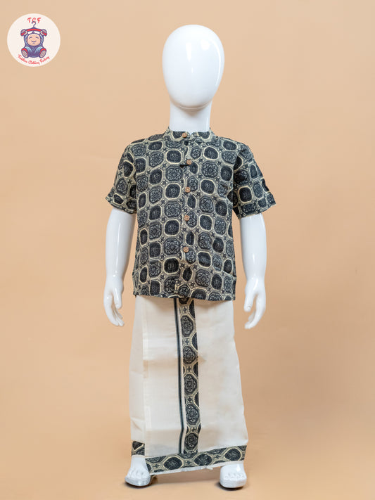Grey & Cream - Boys Welcro Dhotis & Shirts