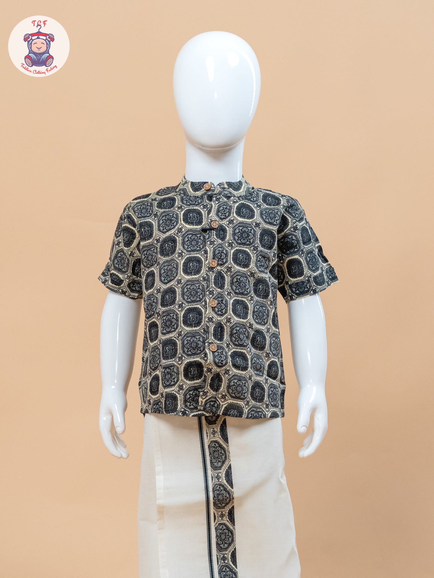 Grey & Cream - Boys Welcro Dhotis & Shirts
