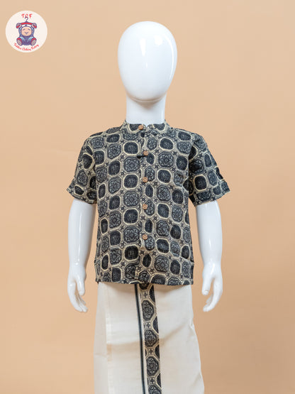 Grey & Cream - Boys Welcro Dhotis & Shirts