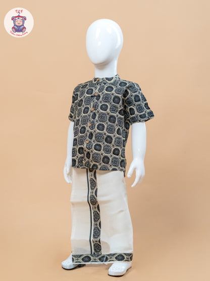 Grey & Cream - Boys Welcro Dhotis & Shirts