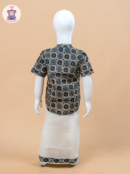 Grey & Cream - Boys Welcro Dhotis & Shirts