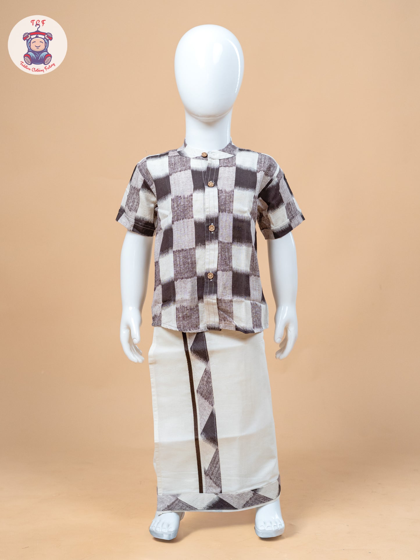 Brown & Cream - Boys Welcro Dhotis & Shirts