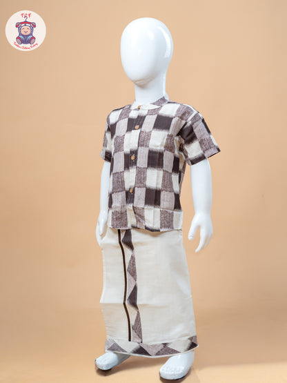 Brown & Cream - Boys Welcro Dhotis & Shirts