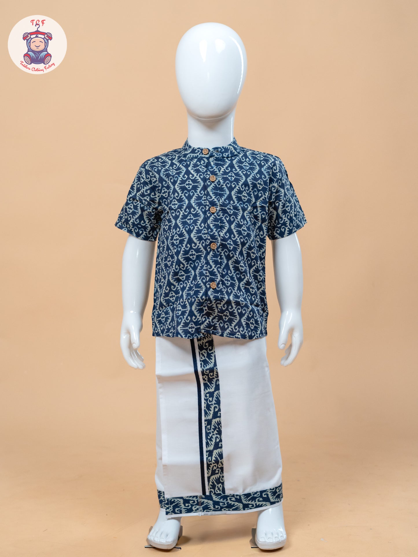 Ink Blue & White - Boys Welcro Dhotis & Shirts