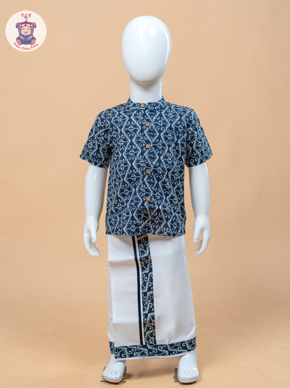 Ink Blue & White - Boys Welcro Dhotis & Shirts
