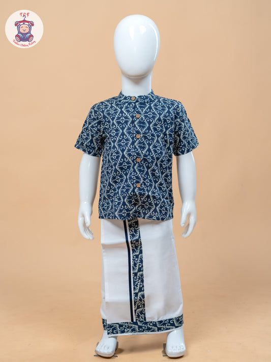 Ink Blue & White - Boys Welcro Dhotis & Shirts