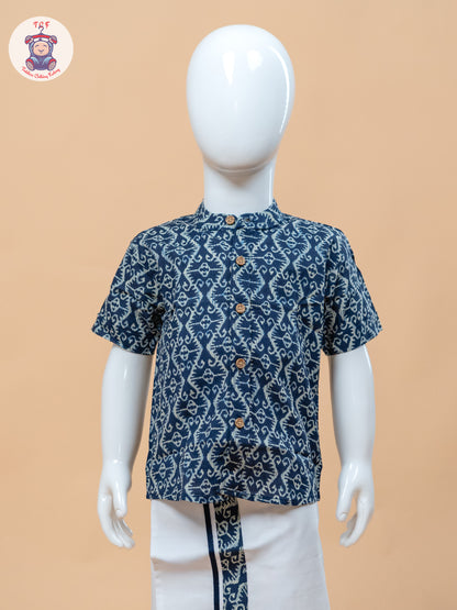 Ink Blue & White - Boys Welcro Dhotis & Shirts