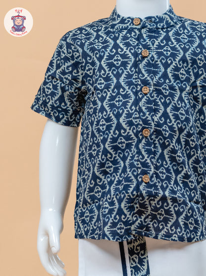 Ink Blue & White - Boys Welcro Dhotis & Shirts