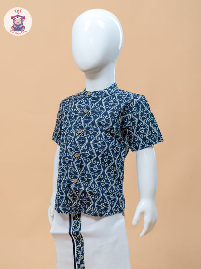 Ink Blue & White - Boys Welcro Dhotis & Shirts
