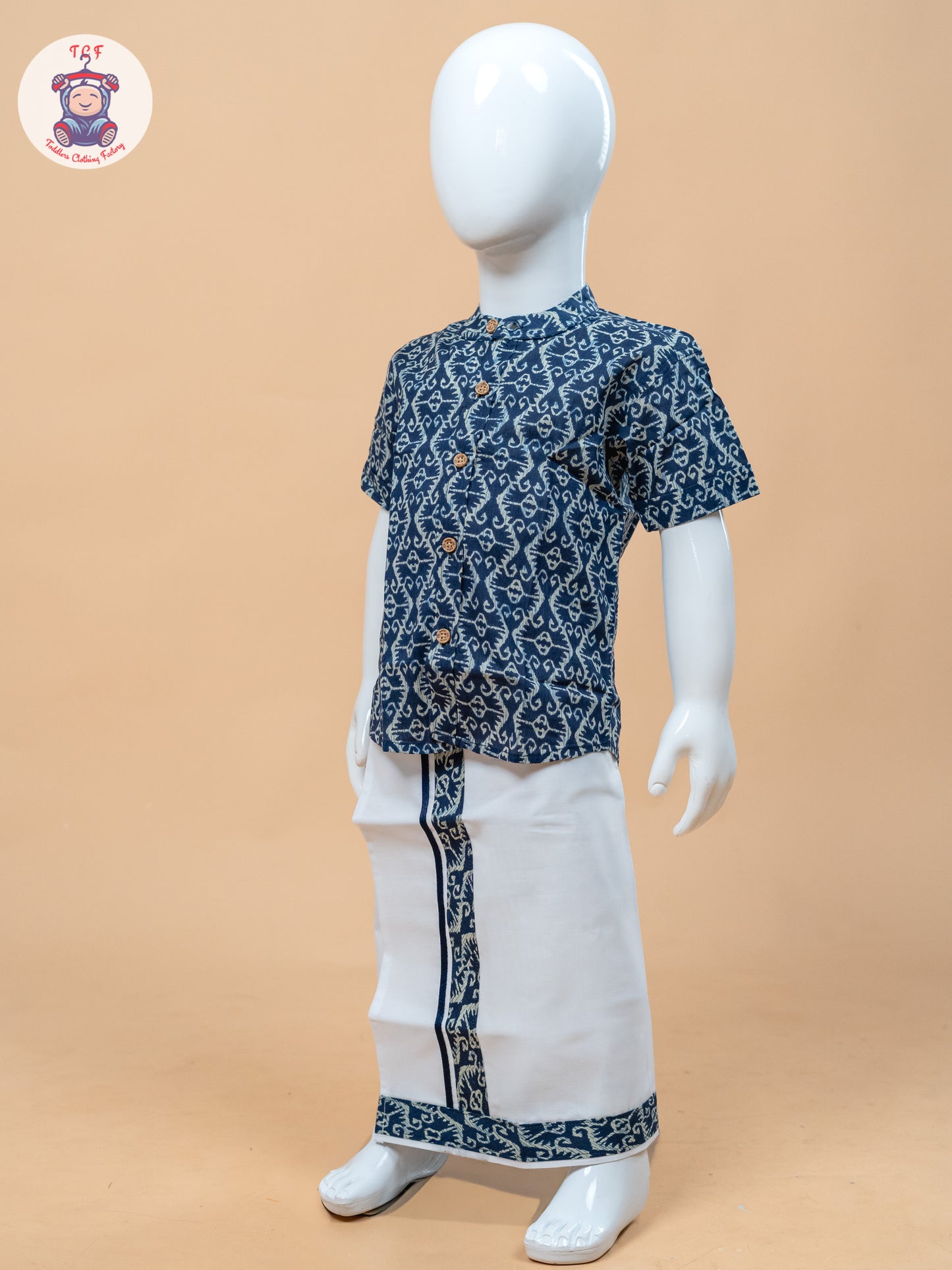 Ink Blue & White - Boys Welcro Dhotis & Shirts