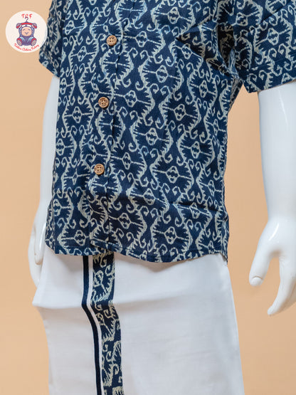 Ink Blue & White - Boys Welcro Dhotis & Shirts