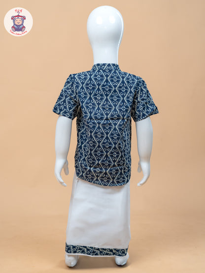 Ink Blue & White - Boys Welcro Dhotis & Shirts
